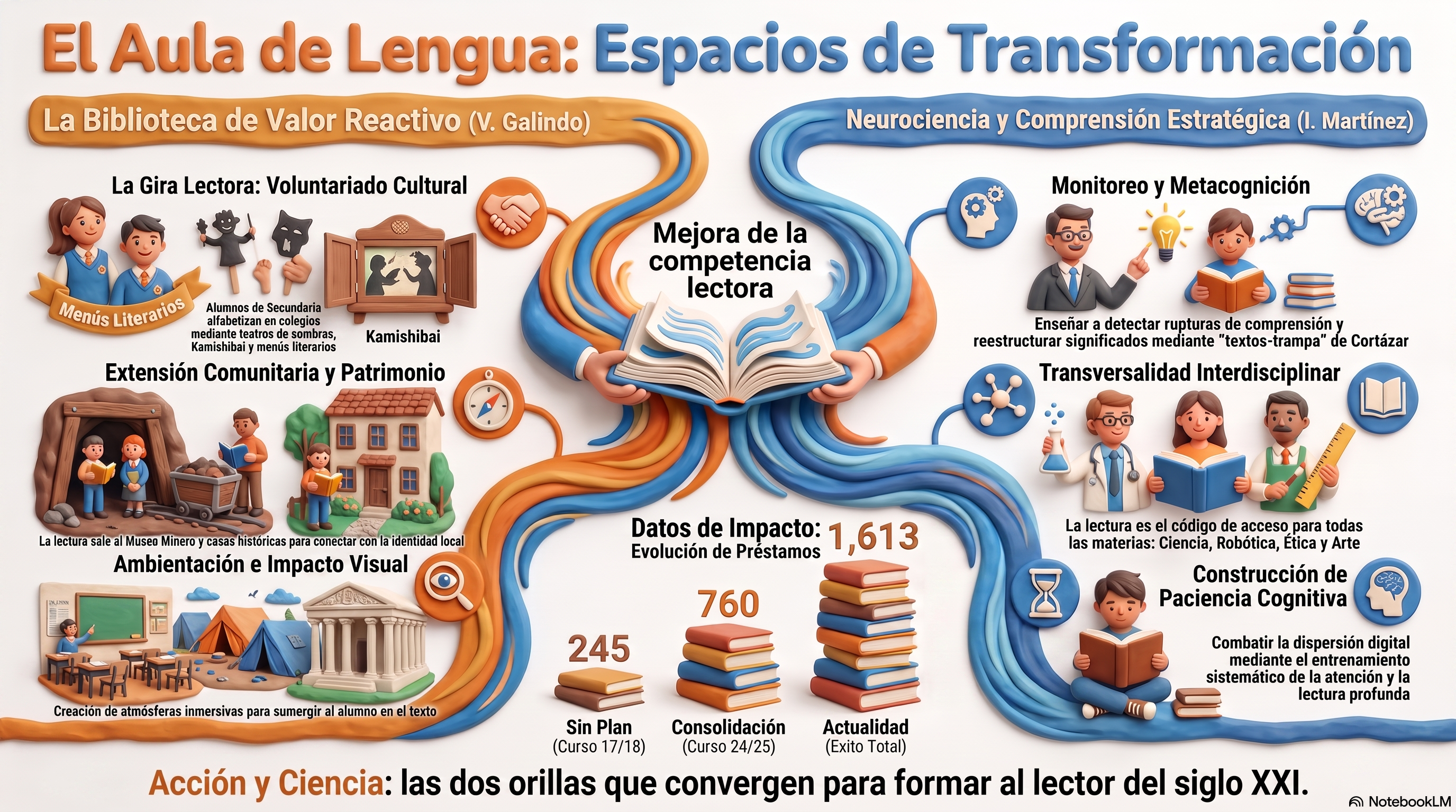 Infografía comparativa: 'El Aula de Lengua: Espacios de Transformación'. A la izquierda, el modelo comunitario y afectivo del IES Sierra Minera (proyectos de ApS y biblioteca reactiva). A la derecha, el modelo científico y estratégico del IES Mariano Baquero Goyanes (neurociencia y metacognición). En el centro, el objetivo común: la mejora de la competencia lectora.