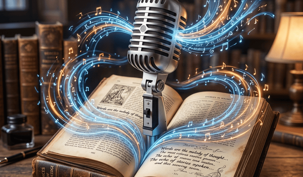 Vintage microphone surrounded by glowing musical notes rising from an open book